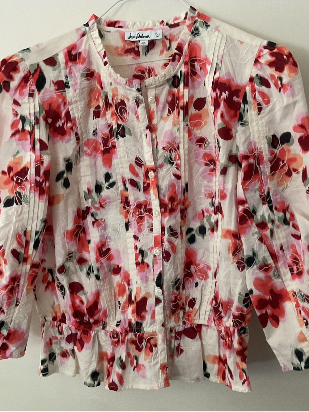 Sam Edelman Cream Blouse with Coral & Pink Floral Print